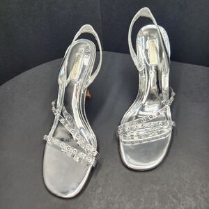 Larroude Heeled Sandals 8 Silver Leather Annie Swarovski Crystal Strappy New$380